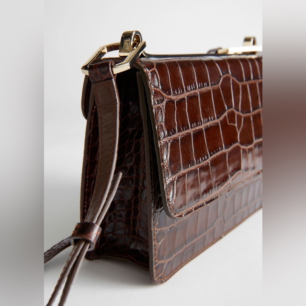 & Other Stories Chocolate Brown Leather Croc Embossed Shoulder Bag - Picture 3 of 6